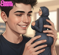 handheld shrunken_woman hijab queencontrol black_hair butt giant male smiling grin looking_at_viewer hood groping ass_grab ai_art 2boys ass_focus male_focus