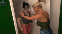 breasts growth blonde black_hair fighting growth_sequence muscular_female eldritchgts large_breasts blue_eyes cleavage jeans brunette lips ponytail kissing pants lipstick indoors tattoo choker earrings top denim bare_shoulders makeup digital_render hair_bun bare_midriff multiple_girls arm_tattoo 2girls shoulder_tattoo back_tattoo