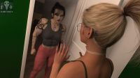 breasts large_breasts blue_eyes cleavage brunette lips ponytail standing pants lipstick reflection piercing red_nails jewelry tattoo choker nail_polish earrings top bangs makeup black_nails digital_render hair_bun bare_midriff solo arm_tattoo high_ponytail collarbone black_choker shoulder_tattoo growth blonde black_hair glasses growth_sequence muscle_growth muscular_female eldritchgts