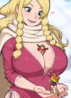 breasts blushing size_difference blonde large_breasts long_hair blue_eyes cleavage smiling red_hair heart shrunken_woman shrunken_man open_mouth orange_hair scarf between_breasts multiple_girls 2girls 1boy giantess one_piece gerd