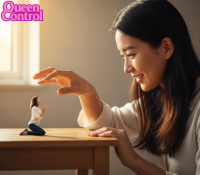 asian reaching shrunken_woman screaming queencontrol giantess black_hair long_hair barefoot brunette lips sitting indoors profile sunlight white_shirt long_sleeves from_side realistic ai_art 2girls photorealistic