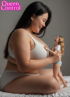 slave asian shrunken_woman terror ff queencontrol breasts panties blonde black_hair large_breasts long_hair cleavage bra bed underwear lips sitting white_panties closed_eyes white_bra bed_sheet realistic multiple_girls ai_art 2girls underwear_only
