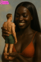 breasts giantess black_hair long_hair teeth brunette smiling grin back looking_at_viewer realistic ai_art 1girl 1boy handheld shrunken_man dark_skin interracial queencontrol
