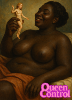 nipples nude blonde black_hair shrunken_woman dark_skin ai_art breasts handheld interracial queencontrol