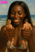 couple queencontrol bikini breasts blonde black_hair beach handheld cleavage ocean shrunken_woman shrunken_man dark_skin looking_at_tinies ai_art