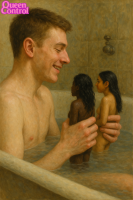 giant male nude handheld bath queencontrol black_hair asian shrunken_woman dark_skin ai_art