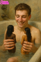 black_hair water asian shrunken_woman dark_skin ai_art nude handheld bath queencontrol giant male