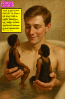nude black_hair water story shrunken_woman dark_skin looking_at_tiny ai_art handheld bath dialogue queencontrol giant male