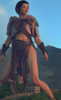 breasts giantess mega black_hair skirt asian short_hair warrior fur mountains straddling top belt wall great_wall_of_china digital_render bare_legs bare_midriff allthesizepuns brown_eyes