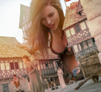 breasts giantess vore city mega blonde long_hair blue_eyes fantasy cleavage skirt buildings brunette kneeling licking_lips flag crowds running_away digital_render flagg3d cart makeshift_clothing bare_midriff