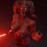 breasts giantess micro alien large_breasts armor cleavage bra skirt yellow_eyes gloves boots star_wars shrunken_people tentacles indoors black_gloves tattoo belt semi_nude red_skin lightsaber digital_render anon sith loincloth talon bare_midriff looking_at_tinies darth_talon the_force twilek huckleberry8181 lekku
