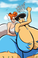 breasts drawing giantess mega blonde color large_breasts cleavage skirt red_hair dress giantesses palm_trees necklace thick_thighs looking_at_tiny flintstones betty dinosaurs hair_bun bare_legs nanobros1 cartoon_network wilma