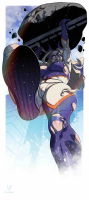 breasts drawing giantess horns city blonde color long_hair destruction buildings angry purple_eyes low_angle camel_toe boots foot_crush muscles looking_down mask thighs lifting outdoors sky under_foot point_of_view looking_at_viewer ripped_clothing raised_foot imminent_crush debris looking_at_tiny my_hero_academia krezniverse mt._lady