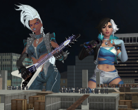 breasts giantess white_hair mega black_hair large_breasts blue_eyes brown_eyes gloves asian short_hair shorts storm giantesses dark_skin piercing night thighs jacket choker costume earrings crowds x-men microphone concert zipper thick_thighs electricity marvel_comics bare_midriff electric_guitar luna_snow marvel_rivals