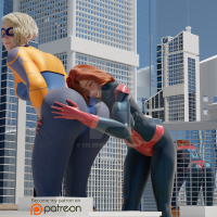 breasts giantess city mega blonde large_breasts long_hair butt crossover buildings gloves red_hair giantesses mask hugging reflection thighs costume giant_girl belt hands_on_hips thick_thighs digital_render mary_jane spider-man marvel_comics high_rise earth_20052 ci0