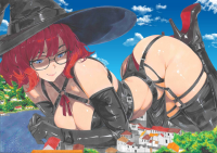 breasts drawing large_breasts blue_eyes cleavage high_heels glasses smiling gloves red_hair lying_down short_hair boots witch day cloud leather latex outdoors sky hat black_gloves thigh_highs looking_at_viewer garter_belt bare_shoulders elbow_gloves on_stomach witch_hat black_legwear thigh_boots 1girl black-framed_eyewear black_footwear qufozart bondage_outfit giantess