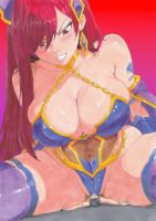 giantess fairy_tail erza_scarlet breasts drawing blushing long_hair cleavage red_eyes sweat smiling red_hair sitting navel grin chain jewelry tattoo thigh_highs earrings looking_at_viewer bare_shoulders parted_lips solo 1girl traditional_media qufozart