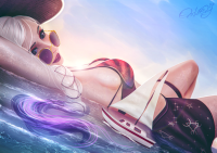 giantess sable_ward deadbydaylight bikini breasts drawing large_breasts long_hair swimsuit blue_eyes water lying_down sunglasses hat looking_at_viewer sailboat on_back armpits thigh_strap solo red_bikini ondieony 1girl partially_submerged