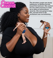 black_hair large_breasts cleavage bra shrunken_woman shrunken_man dark_skin dialogue ai_art breasts handheld couple story queencontrol
