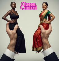 handheld shrunken_woman queencontrol breasts black_hair cleavage dress dark_skin earrings looking_at_viewer hands_on_hips indian ai_art