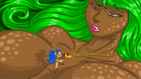 giantess drawing long_hair blue_hair purple_eyes green_hair short_hair shrunken_woman dark_skin jewelry necklace very_long_hair derangedmeowmeow