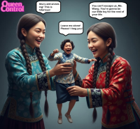 asian shrunken_woman cruel screaming terror dialogue bullying ff queencontrol black_hair long_hair open_mouth standing english braid long_sleeves speech_bubble multiple_girls ai_art 2girls chinese_clothes twin_braids korean_clothes