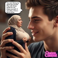 handheld shrunken_woman dialogue hijab queencontrol breasts huge_breasts brunette smiling tear looking_at_tiny ai_art