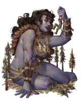 breasts drawing nipples mega black_hair color fantasy handheld toes barefoot sitting muscles blue_skin forest necklace trees skull looking_at_tiny bare_legs makeshift_clothing octoerotic giantess