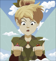 breasts giantess giga wings mega blonde black_hair giant blue_eyes handheld fairy multiple_sizes red_hair dress tinkerbell clouds disney hairband looking_at_tiny hair_bun nightcore100 willie gustav