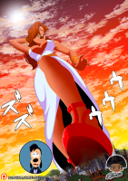 breasts drawing giantess furry city color long_hair cleavage high_heels buildings huge_breasts max dress foot_crush mountains clouds roxanne disney point_of_view earrings belt bracelet orange_hair imminent_crush dog_girl looking_at_tiny bare_legs goof_troop elduc-cartoon max_goof