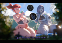 bikini breasts giantess swimsuit crossover cleavage water green_eyes purple_hair huge_breasts purple_eyes raven teen_titans red_hair ponytail sitting drink pool frankie_foster shrunken_man magic clouds thighs choker earrings soda dialogue hairband thick_thighs looking_at_tiny digital_render dc_comics bare_legs grey_skin fosters_home_for_imaginary_friends bare_midriff bottopbot2 cartoon_network