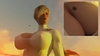 breasts giantess blonde cleavage huge_breasts unaware shrunken_man parachute costume cape leotard digital_render dc_comics cutaway bakedalaskabigs power_girl