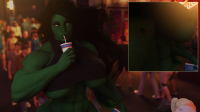 muscles spider-woman jessica_drew breasts long_hair green_eyes green_hair mini_giantess underboob drink abs unaware shrunken_woman costume top crowds bracelet green_skin digital_render on_breasts she-hulk marvel_comics cutaway bare_midriff bakedalaskabigs