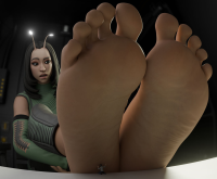 breasts alien comic black_hair toes barefoot gloves sitting shrunken_man pants foot_slave costume looking_at_tiny digital_render antennae mantis guardians_of_the_galaxy dwighteisenhower