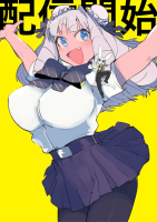 breasts giantess white_hair blushing large_breasts long_hair blue_eyes bunny skirt ribbon fang smiling nylons open_mouth bow looking_at_viewer hair_ornament short_sleeves double_bun yellow_background tiny_person 1girl arms_up ojou-sama