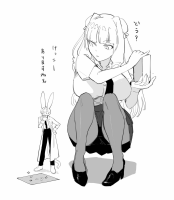 breasts giantess furry monochrome large_breasts long_hair skirt ribbon shoes squatting holding striped hair_ribbon looking_at_viewer patchouli_knowledge bangs short_sleeves double_bun greyscale tiny_person 1girl ojou-sama