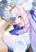 breasts giantess blushing city large_breasts long_hair blue_eyes bra wet ribbon fang smiling pink_hair open_mouth striped shirt point_of_view hair_ribbon white_shirt bangs bookshelf speech_bubble solo 1girl eyebrows_visible_through_hair depth_of_field upper_body blue_bow blue_ribbon ojou-sama