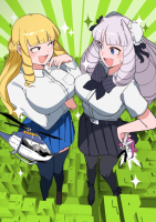 breasts giantess blushing city blonde large_breasts long_hair blue_eyes skirt helicopter huge_breasts ribbon fang smiling uniform open_mouth pleated_skirt striped point_of_view bag thigh_highs bangs black_legwear drill_hair one_eye_closed double_bun sweat_drop galko very_long_hair sparkle multiple_girls 2girls blunt_bangs twin_drills ojou-sama school_bag zettai_ryouiki nikukaiq