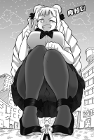 breasts giantess blushing city monochrome large_breasts long_hair skirt shoes smiling squatting uniform nylons open_mouth outdoors point_of_view looking_at_viewer drill_hair victory greyscale 1girl ojou-sama