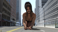 giantess city black_hair digital_render taintedwizard breasts cleavage bra buildings crawling lingerie looking_at_viewer bare_legs large_breasts