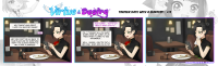 giantess vore comic breasts drawing black_hair color green_eyes dress sitting phone table food plate chopsticks date dialogue restaurant hair_buns daichi777 virtue_and_desire napkin