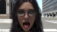 city tongue shrunken_man mouth_play chained digital_render tainted_wizard black_hair blue_eyes buildings glasses face portrait skyscraper open_mouth looking_at_viewer 1girl black-framed_eyewear