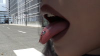 buildings day skyscraper dangle outdoors sky tongue_ring city tongue shrunken_man mouth_play chained digital_render tainted_wizard