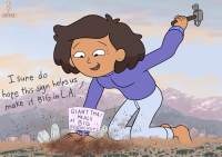 breasts drawing giantess feet city mega color destruction clothed toes barefoot buildings brunette short_hair kneeling mountains pants dark_skin milf disney earrings dialogue hammer sign amphibia oum_boonchuy eezyseven los_angeles asian