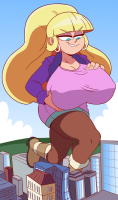 giantess city mega blonde large_breasts long_hair blue_eyes cleavage smiling ponytail boots looking_down outdoors jacket disney earrings gravity_falls cupping_breasts skintight_clothing pacifica_northwest potercolusgts