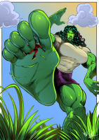breasts drawing color large_breasts toes barefoot green_eyes green_hair muscles shorts shrunken_man grass clouds thighs costume ant-man point_of_view hanging_on helmet green_skin looking_at_tiny she-hulk bare_legs marvel_comics yviart