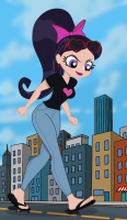 breasts drawing giantess city black_hair color long_hair toes buildings jeans purple_eyes ponytail sunglasses flip_flops hair_bow earrings dc_comics star_sapphire dc_super_hero_girls jennygiantess