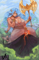 breasts drawing fantasy cleavage blue_hair huge_breasts yellow_eyes smiling dress short_hair sandals muscles grass mountains standing holding jewelry staff bracelet bare_shoulders axe solo muscular_female 1girl covered_nipples alesz01 huge_weapon vulcano giantess goddess