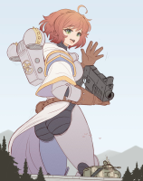 giantess butt green_eyes smiling short_hair weapon shorts short_shorts open_mouth ahoge looking_back looking_at_viewer bangs solo raps 1girl breasts mega armor gun tank gloves red_hair mountains forest belt looking_at_tiny warhammer_40k sister_of_battle
