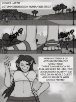 giantess breasts comic monochrome large_breasts long_hair smiling navel grin shrunken_woman shrunken_man standing english dark_skin piercing hoop_earrings jewelry closed_eyes earrings pointed_ears bare_midriff greyscale solo_focus 1girl damianlix bella_souto
